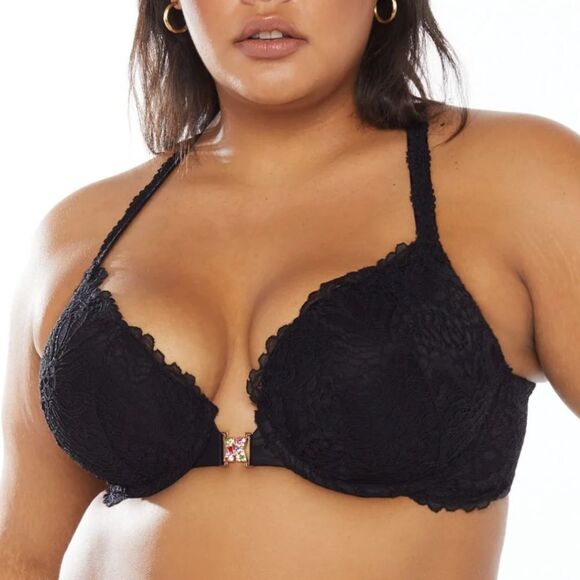 Savage X Fenty Romantic Corded Lace Front-Closure Push-Up Bra Black Caviar 42DD - Picture 2 of 9